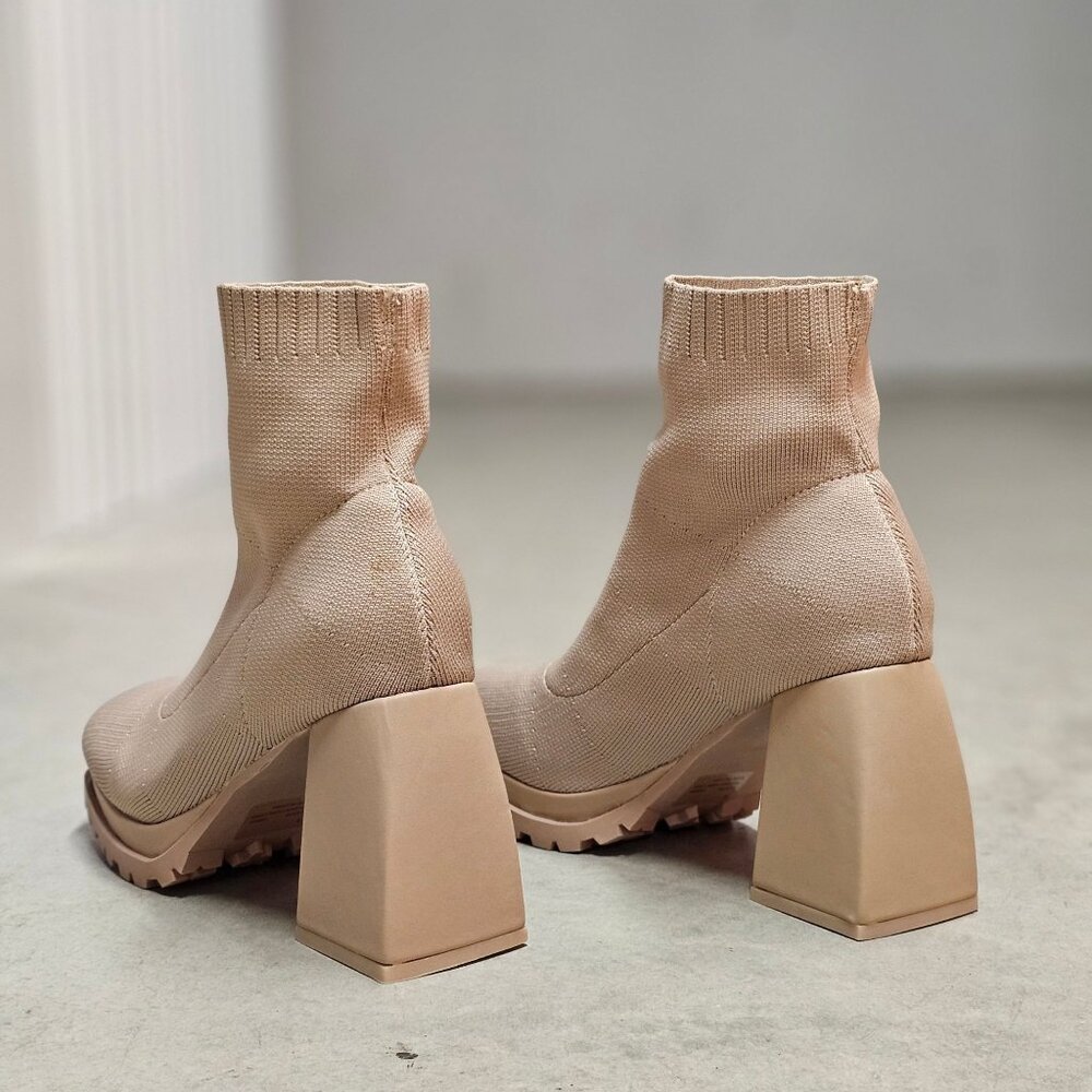 Chunky Heel Ankle Boots With Sock Knit Upper & Lug Sole In Nude - Picture 4 of 7